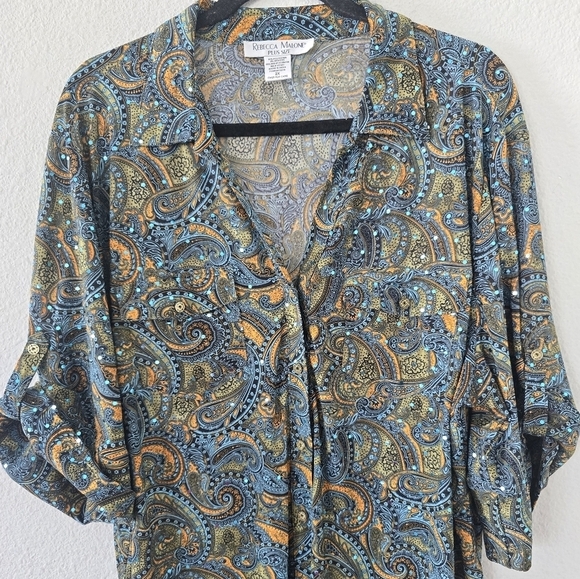 Rebecca Malone Blouse Women 2X Plus Geo Print Button Up Glitter Feminine - Picture 7 of 13
